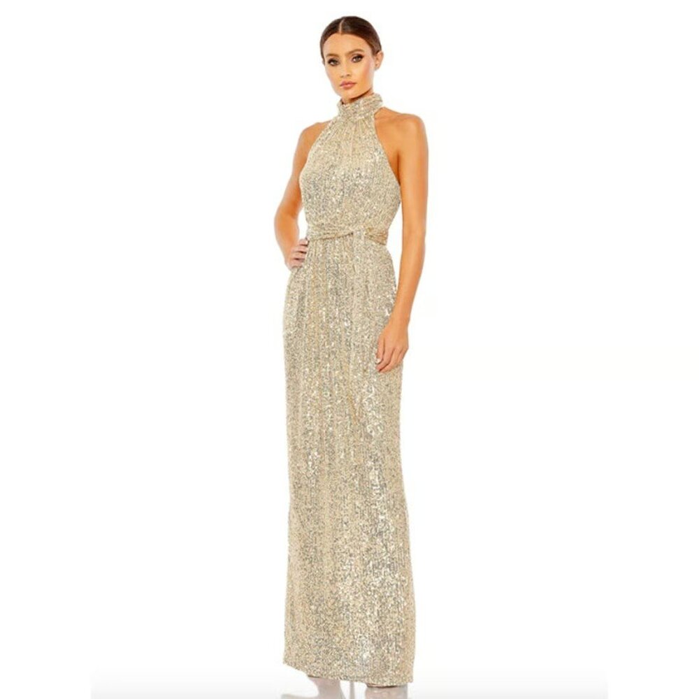 Dress Size 12 Evening Gown Sequin Gold High Halter Neck NEW Tie Belt